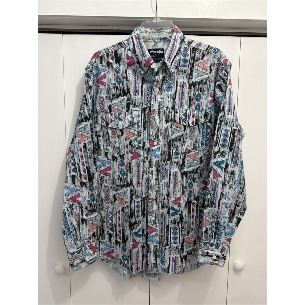 VTG Wrangler Shirt Men's Sz 16.5 x 35 Long Tails Aztec Brushpopper WILD DESIGN!